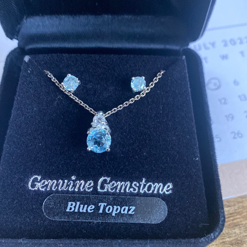 Silver/Blue Topaz Necklace and silver plated cubic zirconia earrings NWT